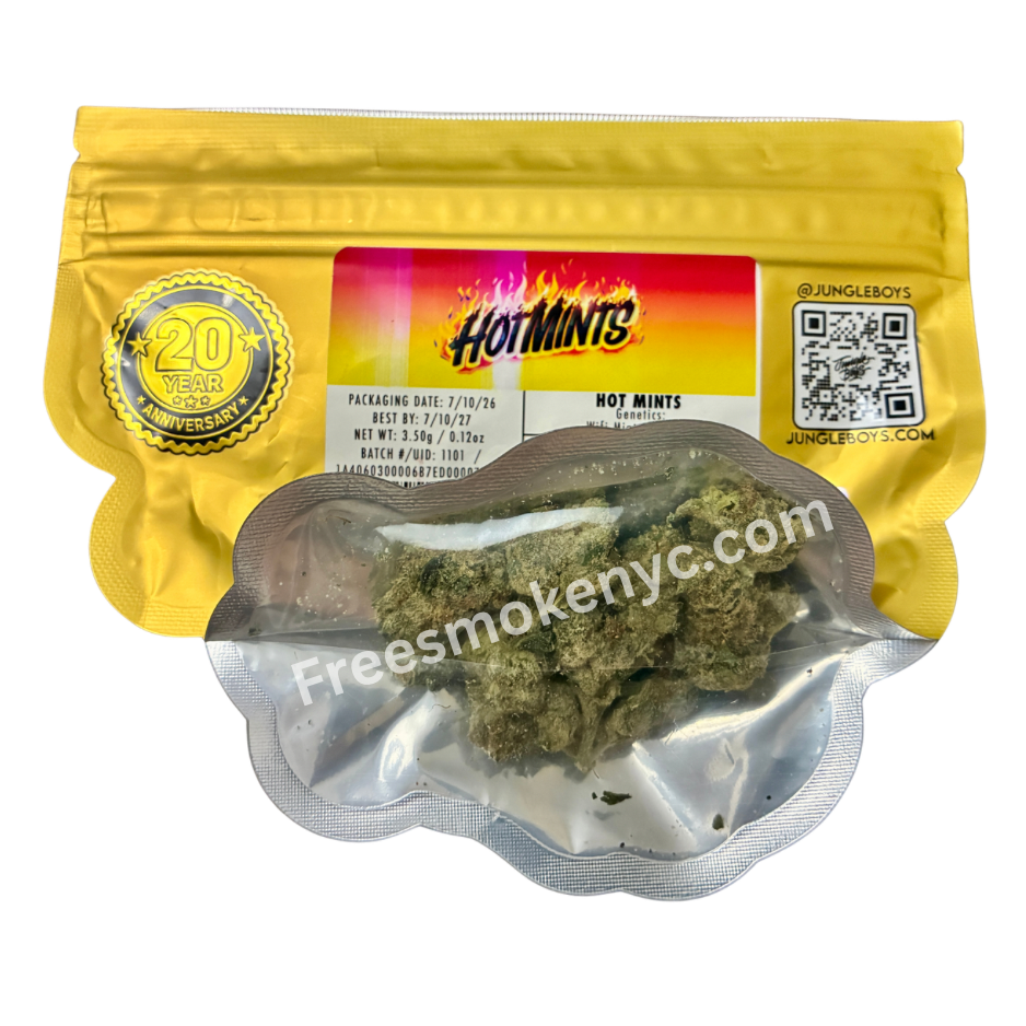 Jungle Boys hybrid strain Hot Mints Cannabis buds and packaging on a transparent background 