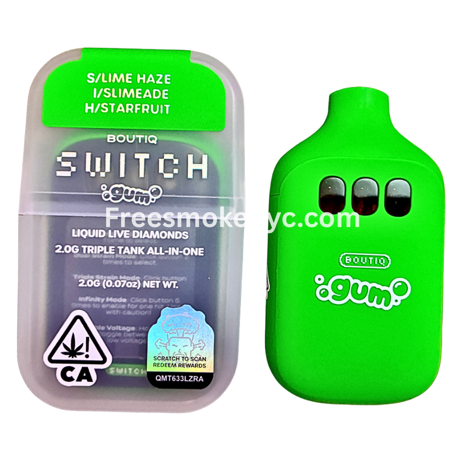 Boutiq Switch Gum Edition 3 strains in 1 Lime Haze, Slimeade, Starfruit disposable vape device on transparent background 