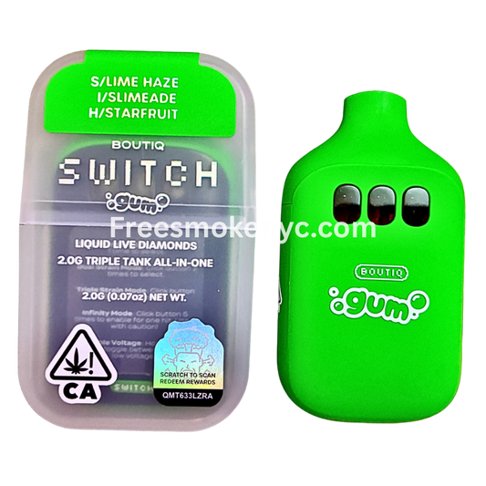 Boutiq Switch Gum Edition 3 strains in 1 Lime Haze, Slimeade, Starfruit disposable vape device on transparent background 