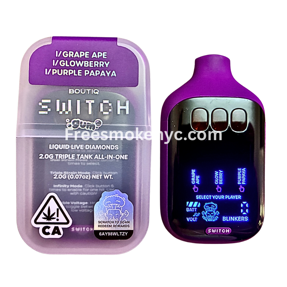 Boutiq Switch Gum Edition 3 strains in 1 Grape Ape, Glowberry, Purple Papaya disposable vape device on transparent background 