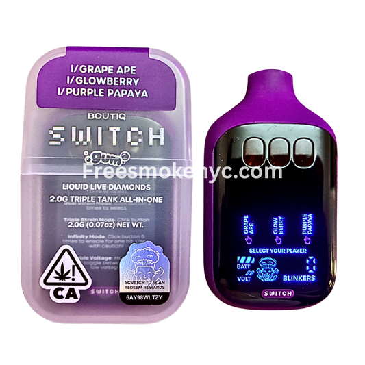 Boutiq Switch Gum Edition 3 strains in 1 Grape Ape, Glowberry, Purple Papaya disposable vape device on transparent background 