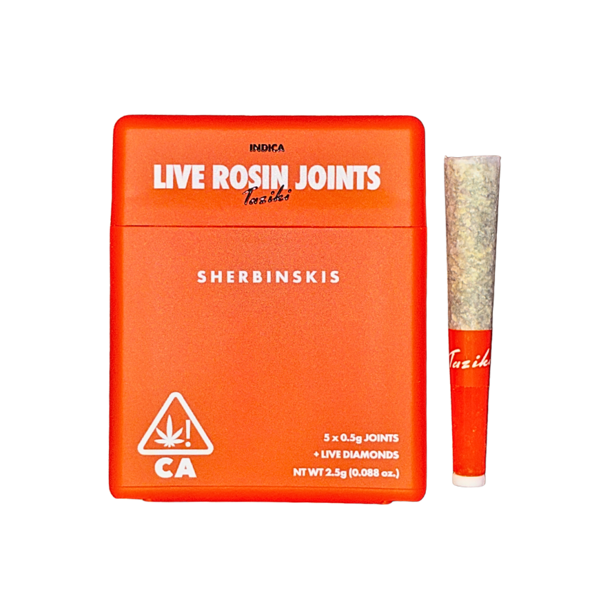 Sherbinskis Taziki indica strain packaging and pre-roll on a transparent background