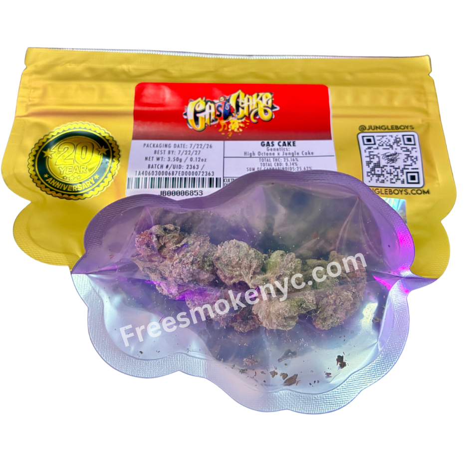 Jungle Boys hybrid strain Gas Cake cannabis buds and packaging on a transparent background 