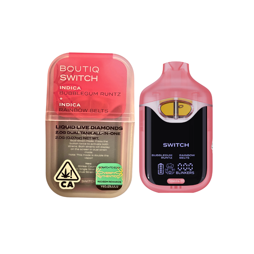 BOUTIQ SWITCH V4 BUBBLEGUM RUNTZ X RAINBOW BELTS 2G DUAL TANK LIVE LIQUID DIAMONDS DISPOSABLE; INDICA STRAIN