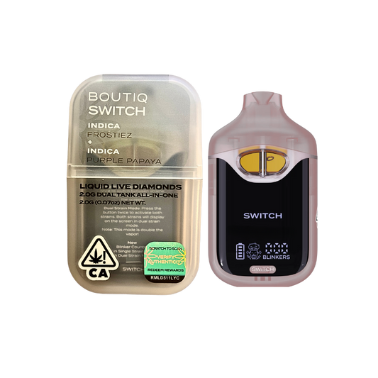 BOUTIQ SWITCH V4 FROSTIEZ X PURPLE PAPAYA 2G DUAL TANK LIQUID LIVE DIAMONDS DISPOSABLE; INDICA STRAIN