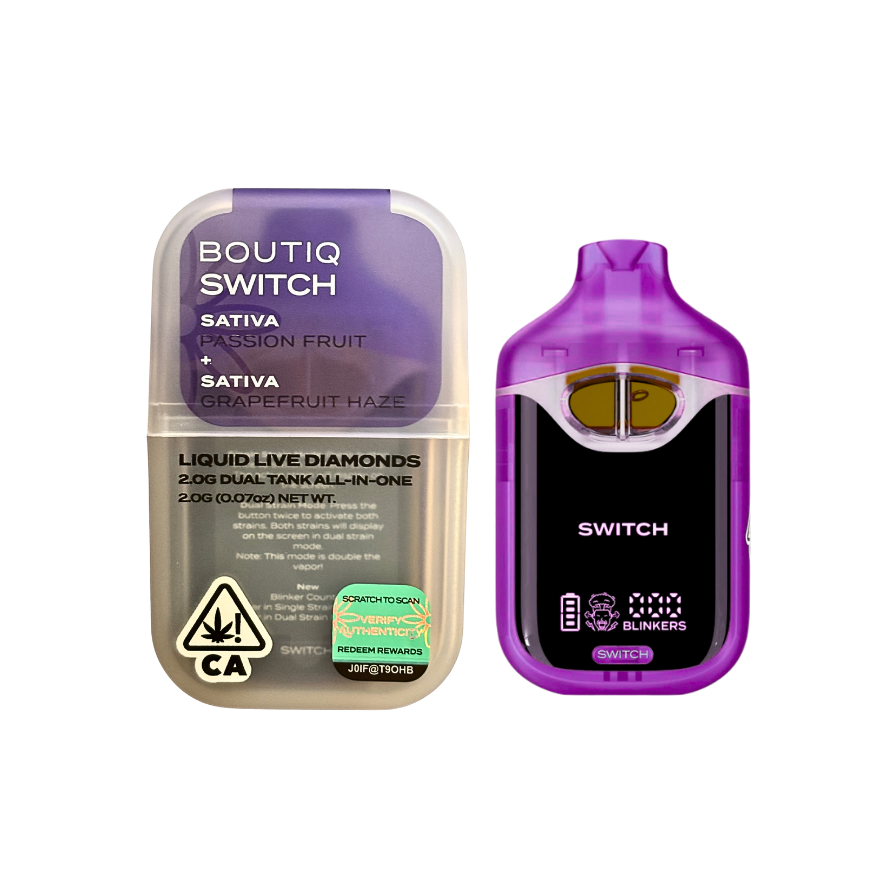 BOUTIQ SWITCH V4 PASSION FRUIT X GRAPEFRUIT HAZE 2G DUAL TANK LIVE LIQUID DIAMONDS DISPOSABLE; SATIVA STRAIN