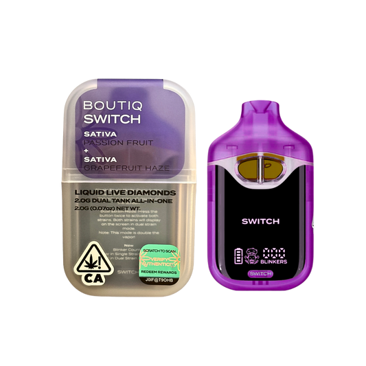 BOUTIQ SWITCH V4 PASSION FRUIT X GRAPEFRUIT HAZE 2G DUAL TANK LIVE LIQUID DIAMONDS DISPOSABLE; SATIVA STRAIN
