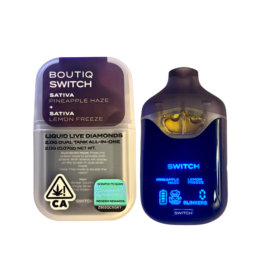 BOUTIQ SWITCH V4 PINEAPPLE HAZE X LEMON FREEZE 2G DUAL TANK DISPOSABLE; SATIVA STRAIN
