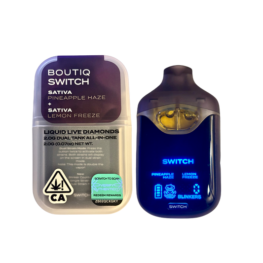 BOUTIQ SWITCH V4 PINEAPPLE HAZE X LEMON FREEZE 2G DUAL TANK DISPOSABLE; SATIVA STRAIN