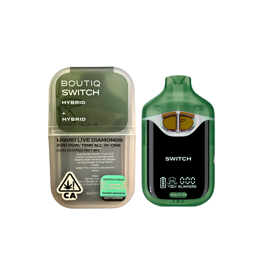 BOUTIQ SWITCH V4 RS11 X PINK GUAVA DUAL TANK LIVE LIQUID DIAMONDS DISPOSABLE; HYBRID STRAIN