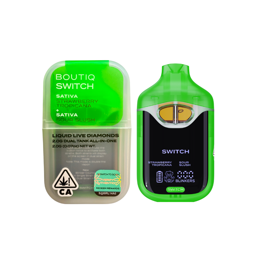 BOUTIQ SWITCH V4 STRAWBERRY TROPICANA X SOUR SLUSH 2G DUAL TANK LIVE LIQUID DIAMONDS DISPOSABLE; SATIVA STRAIN