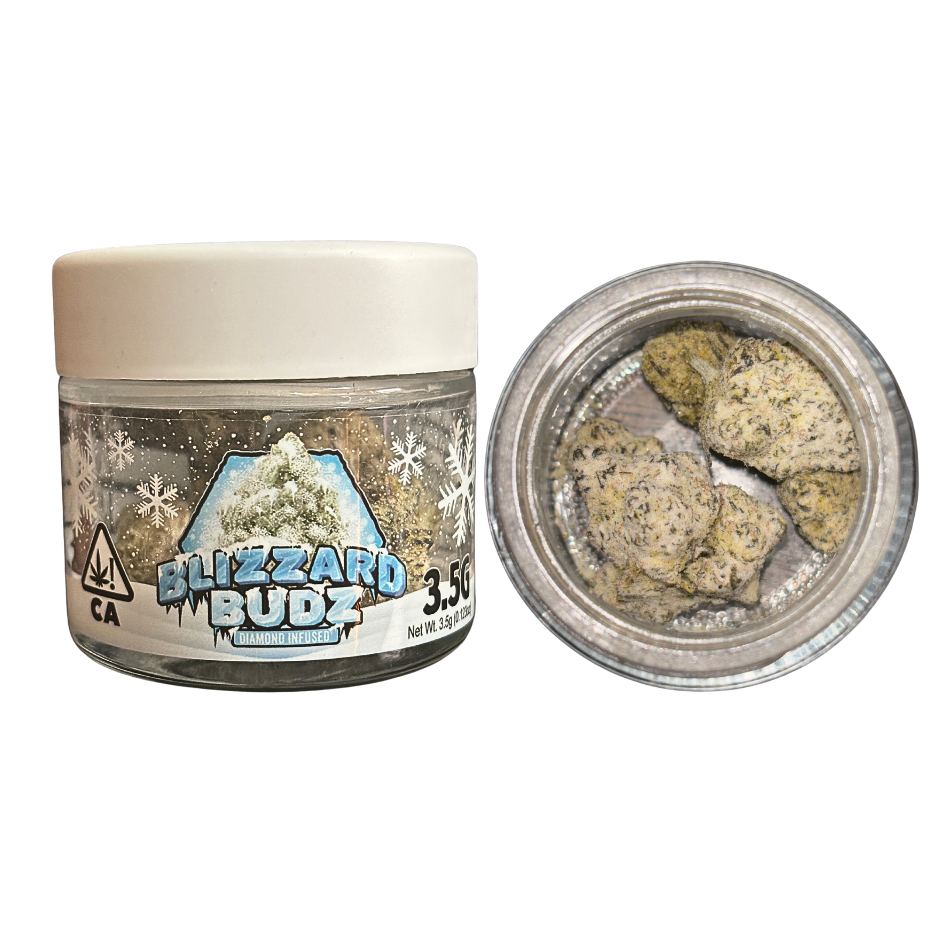 Blizzard Budz 'Kiwi' Infused cannabis flower, hybrid strain. 3.5g jar.