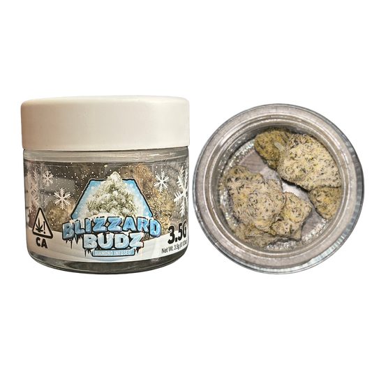 Blizzard Budz 'Kiwi' Infused cannabis flower, hybrid strain. 3.5g jar.