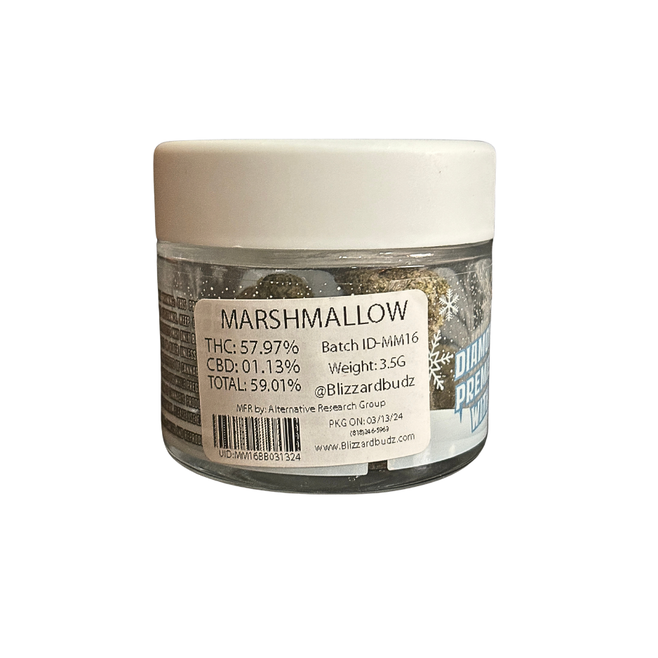 Blizzard Budz 'Marshmallow' infused cannabis flower, hybrid strain. 3.5g jar.