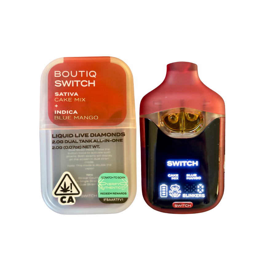 Boutiq Switch V4 'Cake Mix x Blue Mango Liquid Live Diamonds 2g dual tank disposable vape pen; indica and sativa strains