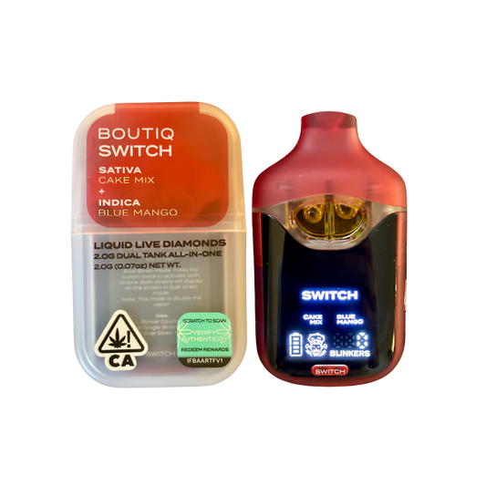 Boutiq Switch V4 'Cake Mix x Blue Mango Liquid Live Diamonds 2g dual tank disposable vape pen; indica and sativa strains
