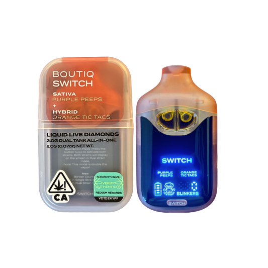 Boutiq Switch V4 'Purple Peeps x Orange Tic Tacs Liquid Live Diamonds 2g dual tank disposable vape pen; hybrid and sativa strains