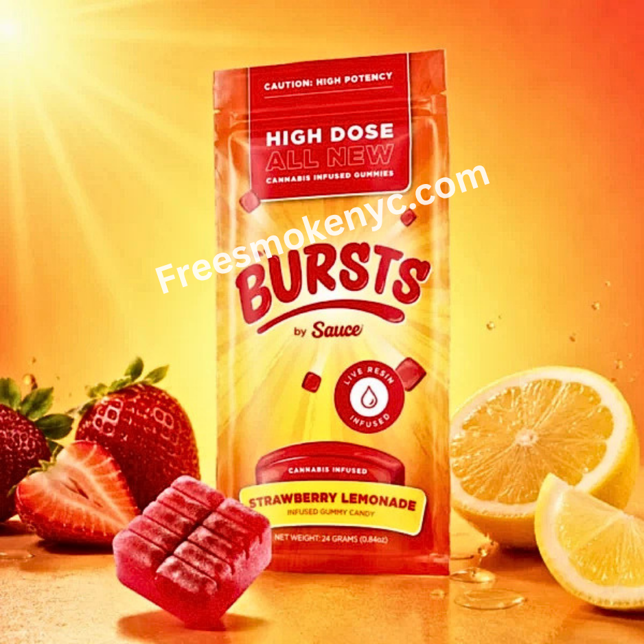 Bursts by Sauce Strawberry Lemonade Live Resin Infused Gummy and packaging on a colorful background 