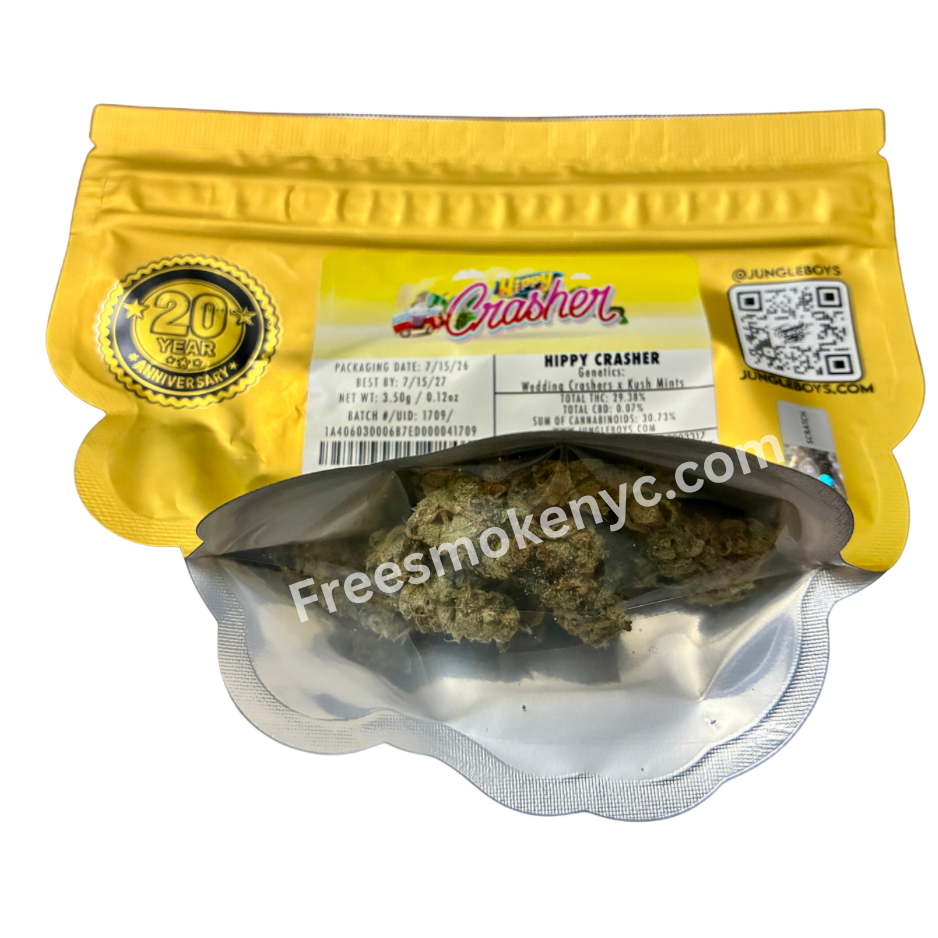 Jungle Boys hybrid strain Hippy Crasher Cannabis Buds and packaging on a transparent background 