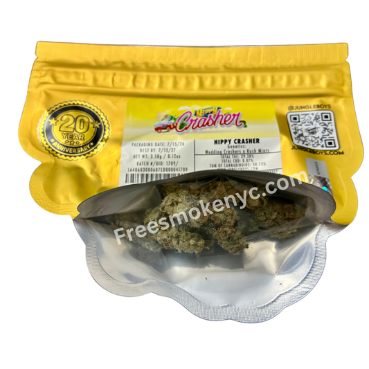 Jungle Boys hybrid strain Hippy Crasher Cannabis Buds and packaging on a transparent background 