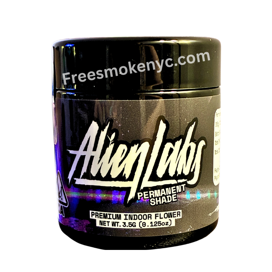 Jar of Alien Labs permanent Shade cannabis with branding on a transparent background