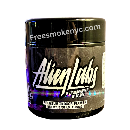 Jar of Alien Labs permanent Shade cannabis with branding on a transparent background