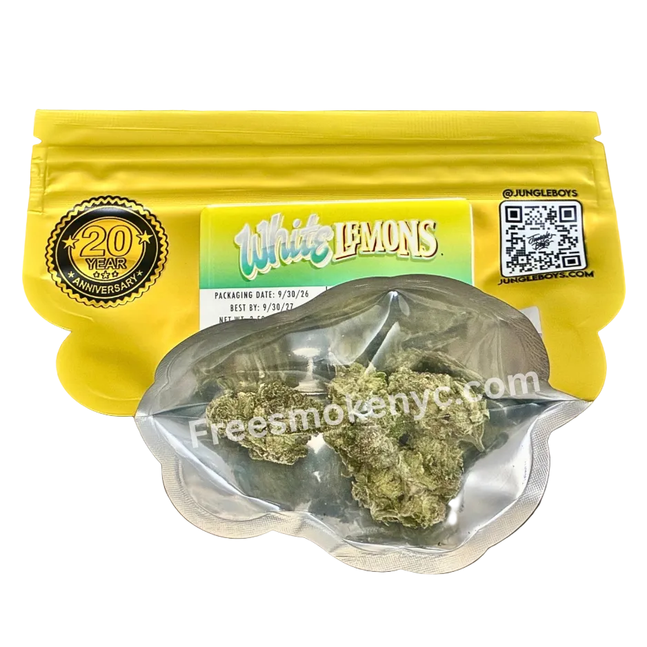 Jungle Boys White Lemons packaging and cannabis flower on a transparent background 