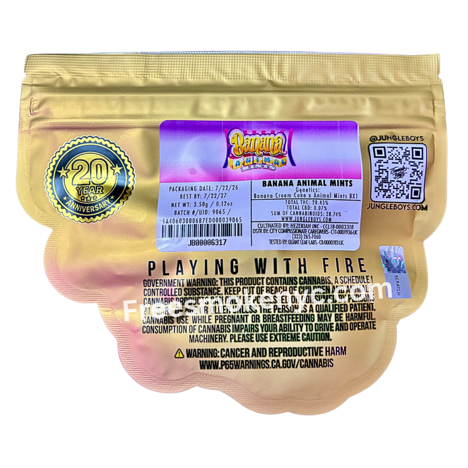 Jungle Boys hybrid strain Banana Animal Mints packaging on a transparent background 