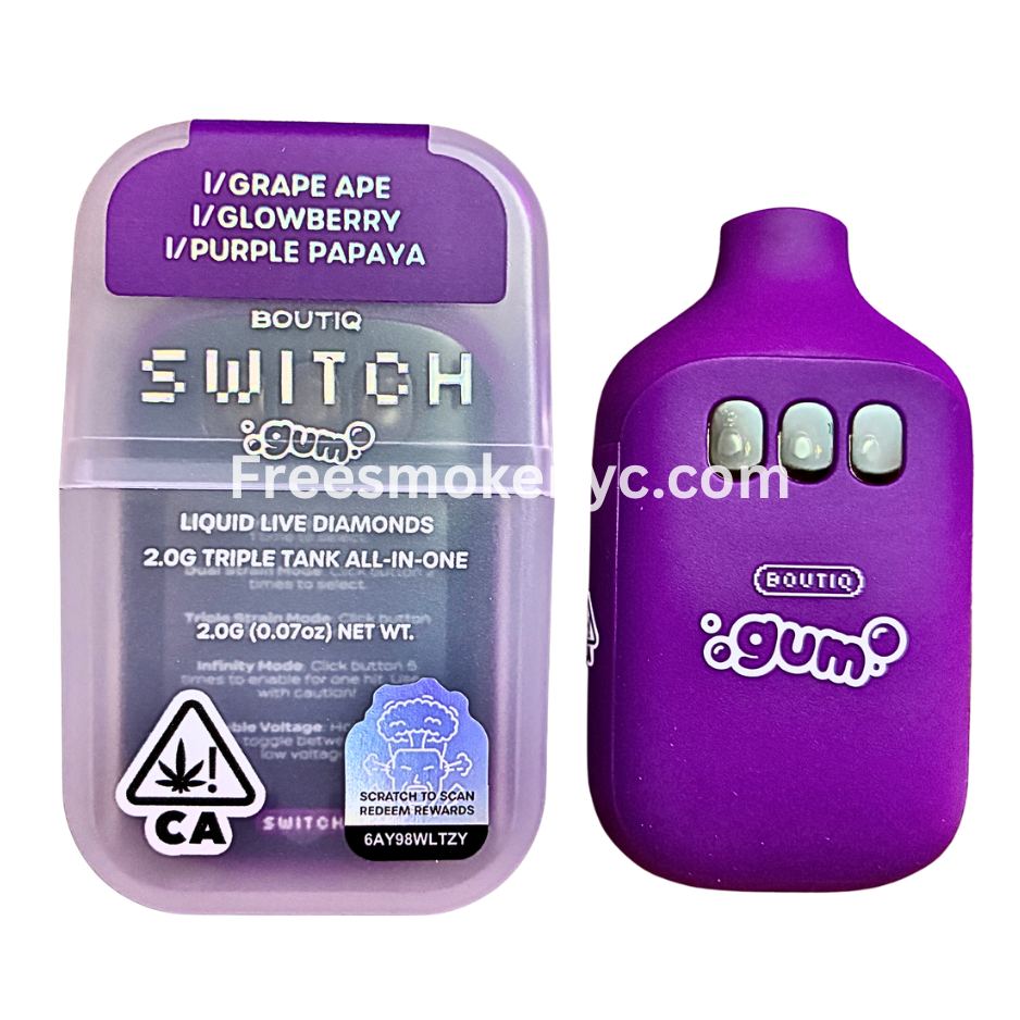 Boutiq Switch Gum Edition 3 strains in 1 disposable vape on transparent background 