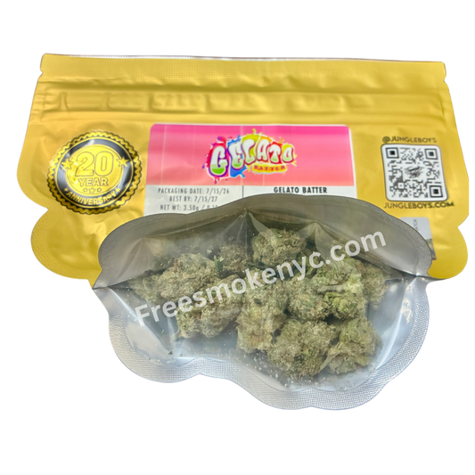 Jungle Boys hybrid strain Gelato Batter Cannabis buds and packaging on a transparent background 