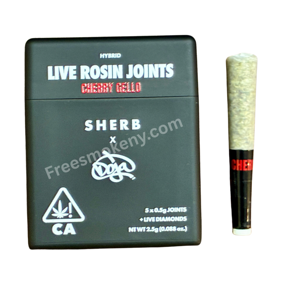 Sherbinski x Doja Cherry Gello  infused pre-roll and packaging on a transparent background