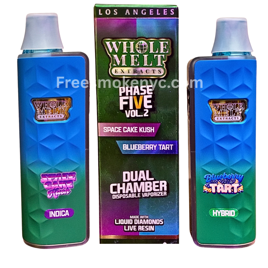 Two blue vape devices with 'Whole Melt Extracts' branding and a packaging box in the center.