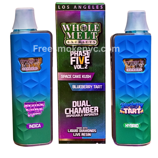 Two blue vape devices with 'Whole Melt Extracts' branding and a packaging box in the center.
