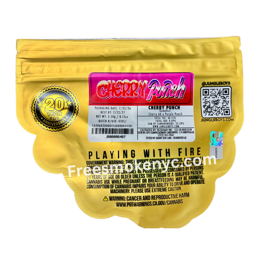 Jungle Boys hybrid strain Cherry Punch packaging on a transparent background 
