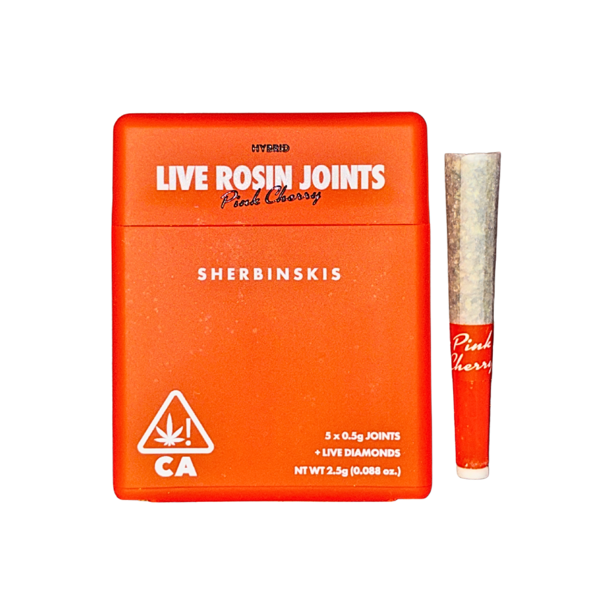 Sherbinskis Pink Cherry live rosin-infused pre-roll multipack featuring packaging and a pre-roll on a transparent background