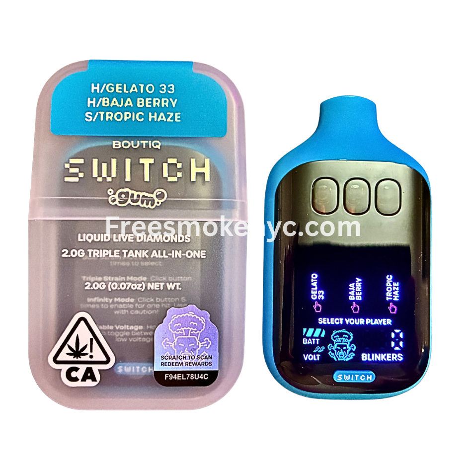 Boutiq Switch Gum Edition 3 strains in 1 disposable vape on transparent background 
