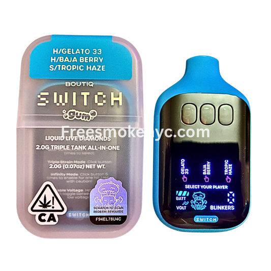 Boutiq Switch Gum Edition 3 strains in 1 disposable vape on transparent background 