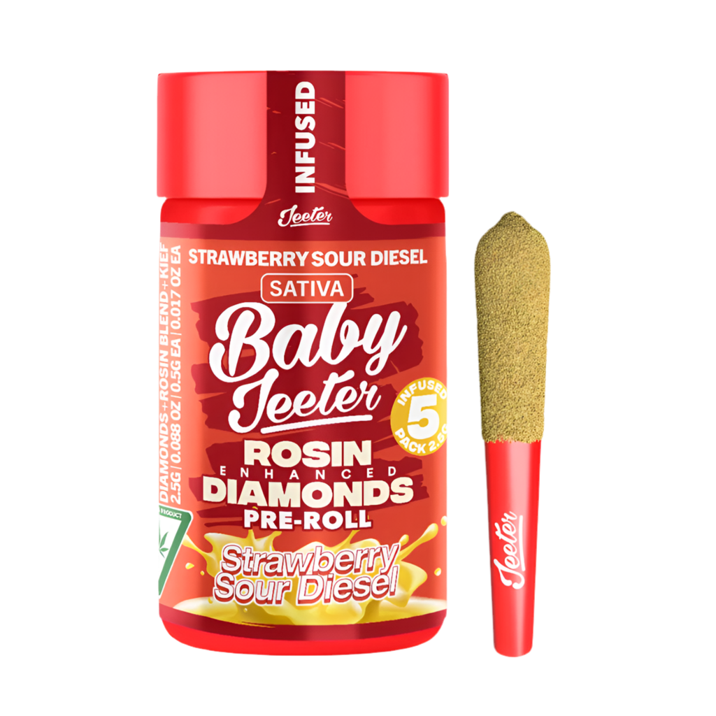 BABY JEETER  "STRAWBERRY SOUR DIESEL" INFUSED PRE-ROLL JAR; SATIVA STRAIN