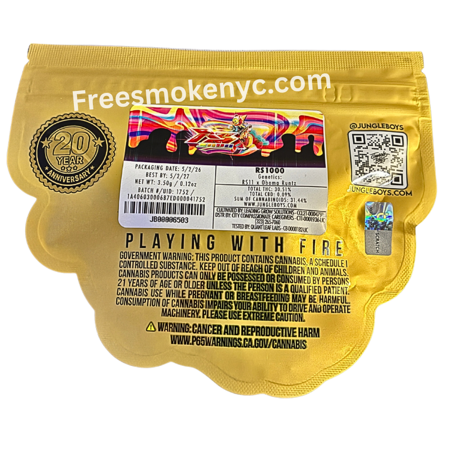 Jungle Boys RS1000 hybrid cannabis packaging and information on a transparent background 
