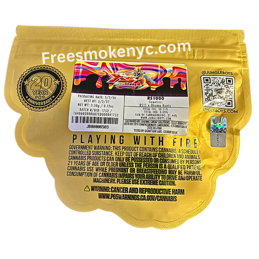 Jungle Boys RS1000 hybrid cannabis packaging and information on a transparent background 
