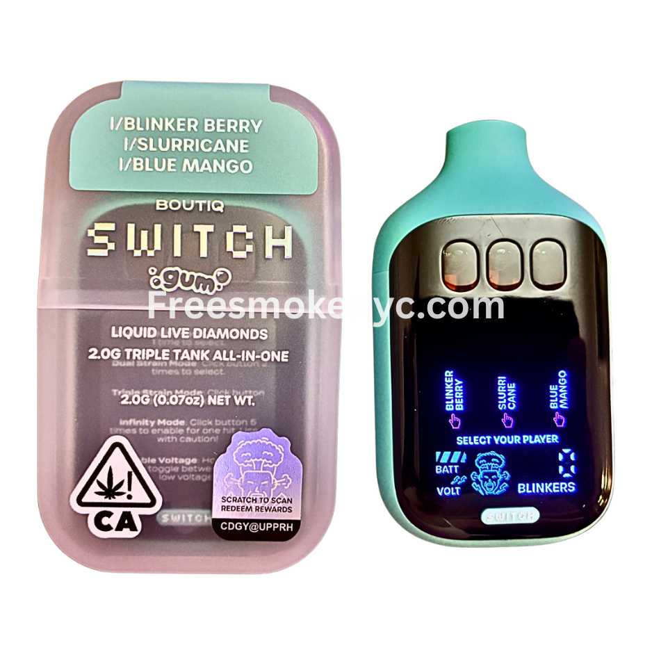 Boutiq Switch Gum Edition 3 strains in 1 Blinker Berry, Slurricane, Blue Mango disposable vape device on transparent background 