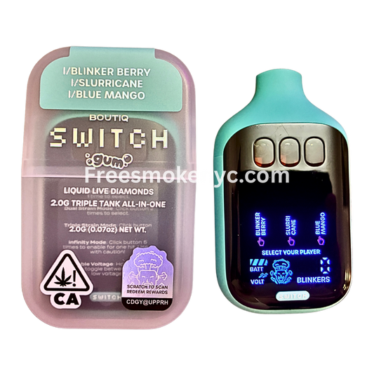Boutiq Switch Gum Edition 3 strains in 1 Blinker Berry, Slurricane, Blue Mango disposable vape device on transparent background 