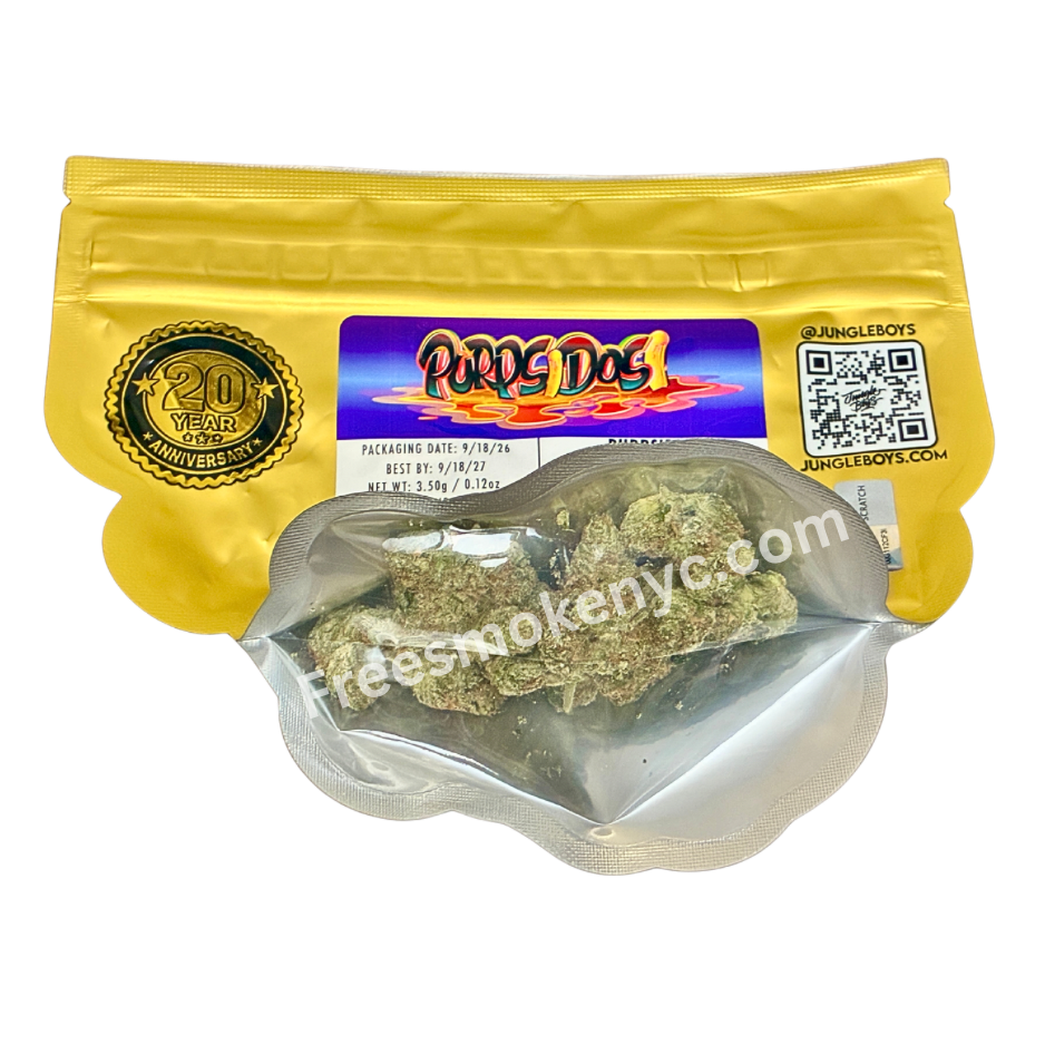 Jungle boys Purpsidosi packaging and cannabis flower on a transparent background 