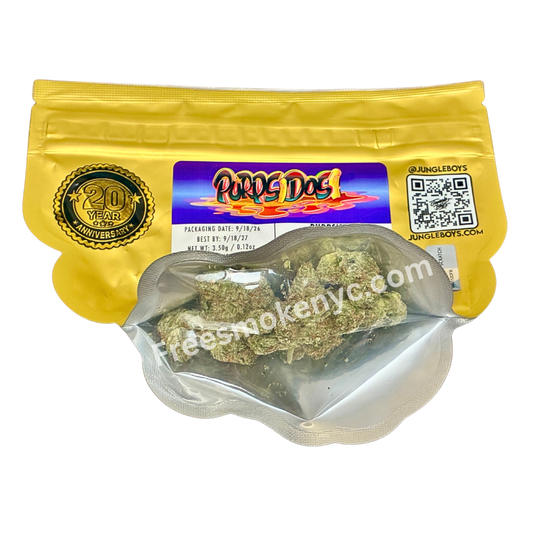 Jungle boys Purpsidosi packaging and cannabis flower on a transparent background 
