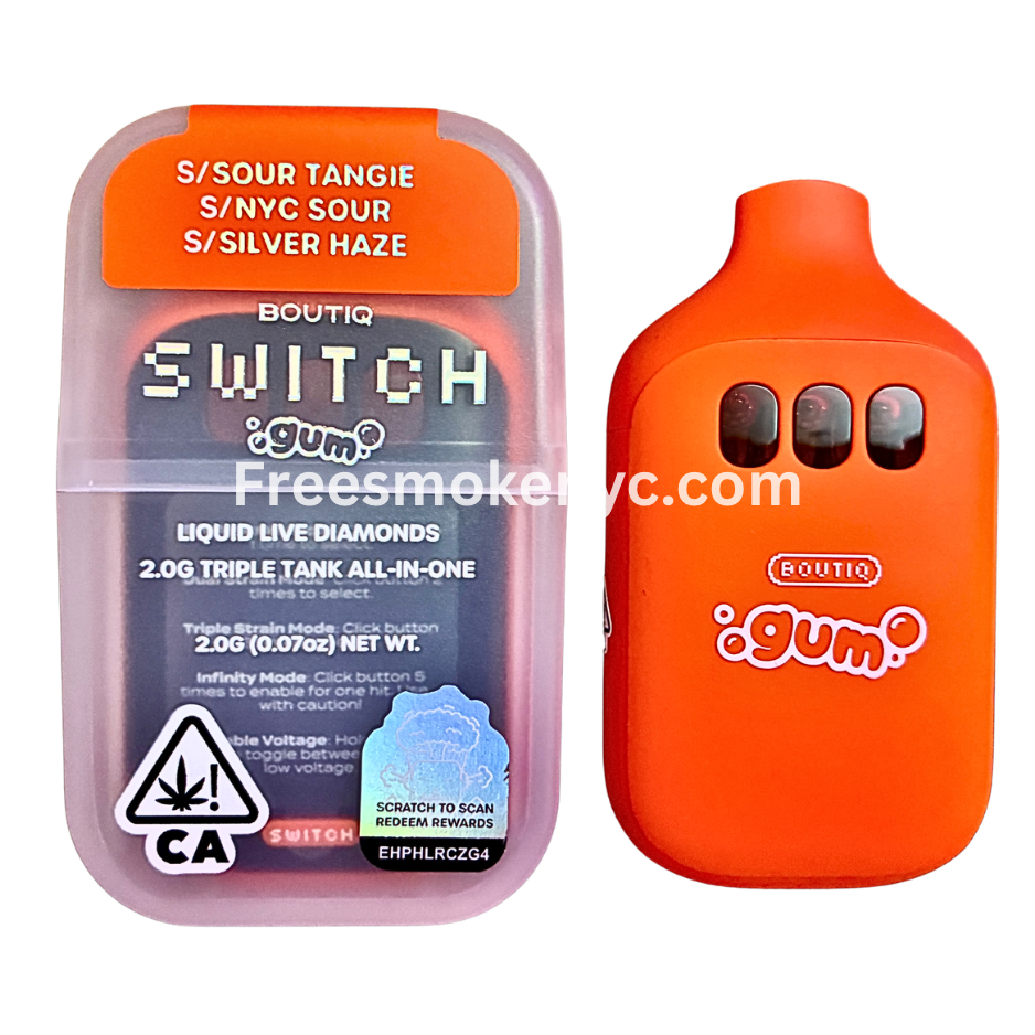 Boutiq Switch Gum Edition 3 strains in 1 Sour Tangie, NYC Sour, Silver Haze disposable vape device on transparent background 