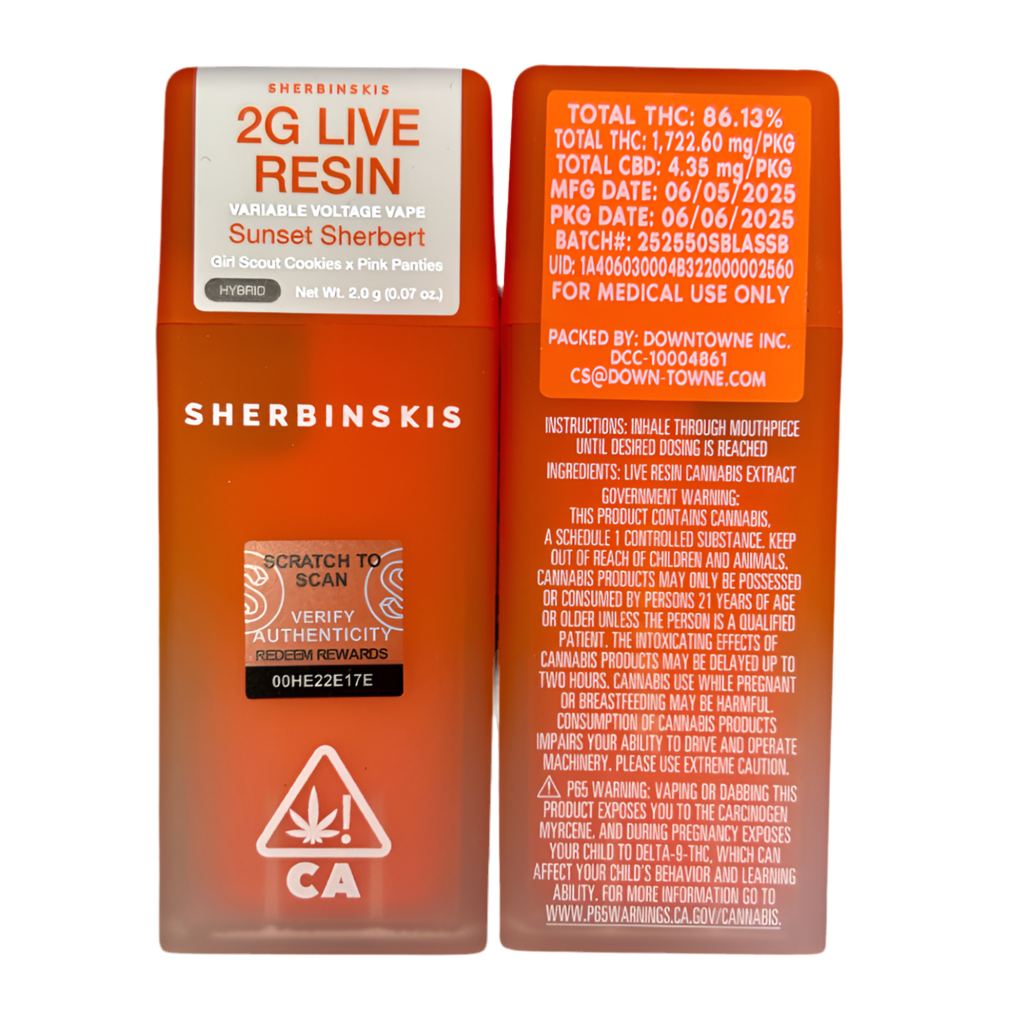 SHERBINSKI “SUNSET SHERBERT” 2G LIVE RESIN DISPOSABLE; HYBRID STRAIN 