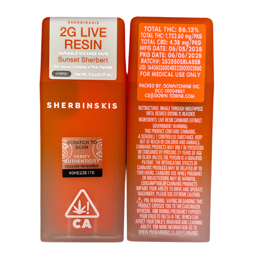 SHERBINSKI “SUNSET SHERBERT” 2G LIVE RESIN DISPOSABLE; HYBRID STRAIN 