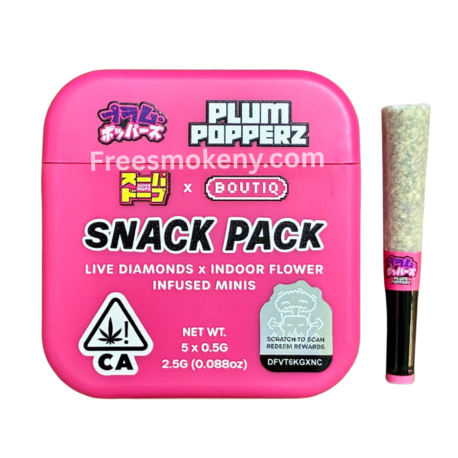 Super Dope x Boutiq Plum Popperz infused pre-roll and packaging on a transparent background