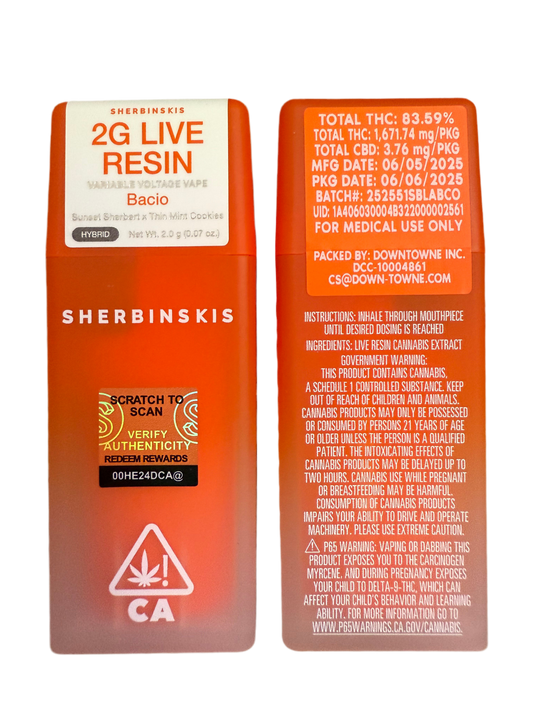 SHERBINSKI 2G LIVE RESIN DISPOSABLE VAPE “BACIO”