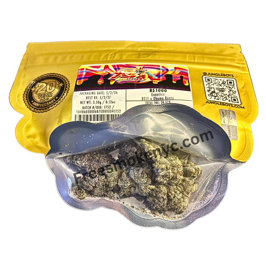 Jungle Boys RS1000 hybrid packaging and cannabis on a transparent background 